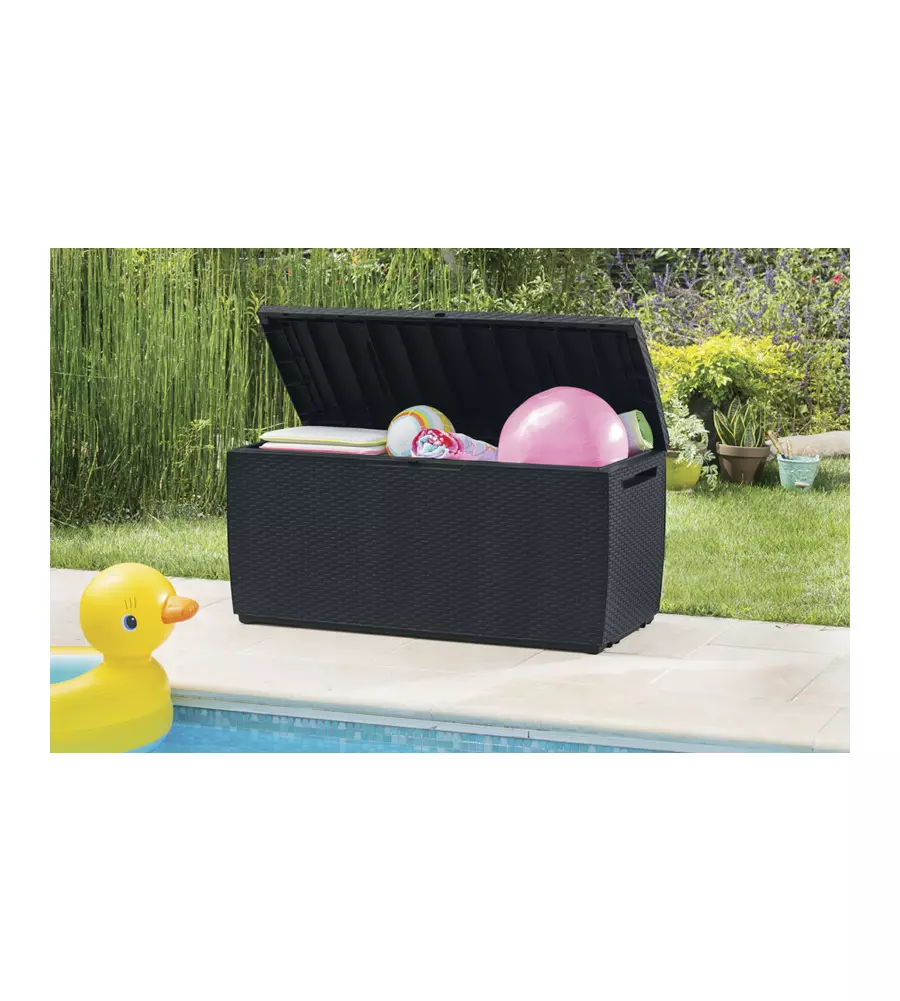 Baule da esterno con ruote keter "capri" in resina marrone effetto rattan 305 lt 123x53,5x57 cm